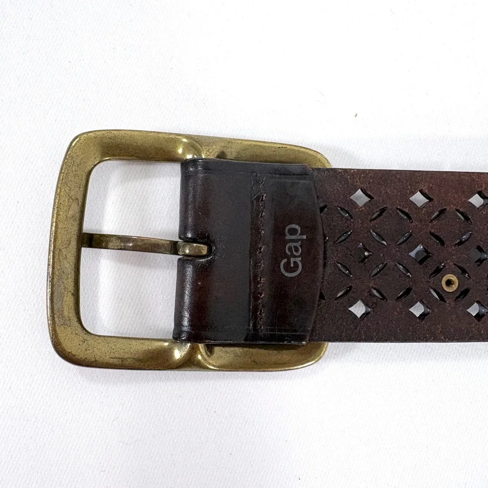 Gap Belt Dark Brown Leather Laser Cut‎ Studded Brass Buckle Wide Women L